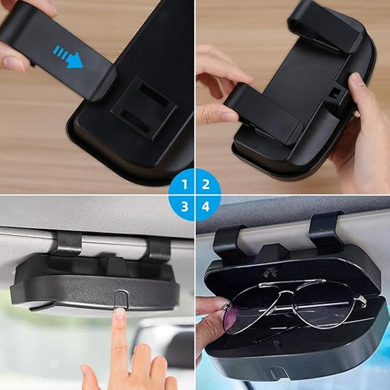 Number-one Car Visor Sunglass Case Holder Clip, Eye Glasses Storage Box with Double Card Slots Car Sunglasses Organizer Mount General for All Car Models (Black)