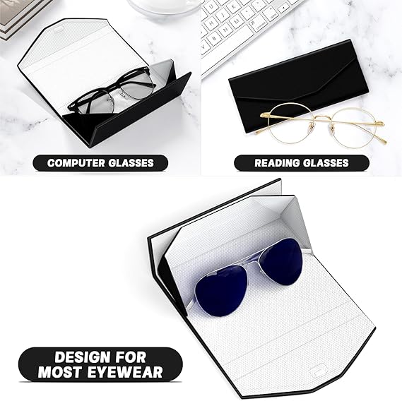 Folding Sunglasses Case – Lightweight Portable Eyeglass Storage Box, PU Leather Protective Glasses Holder, 6.3 x 2.6 Inches