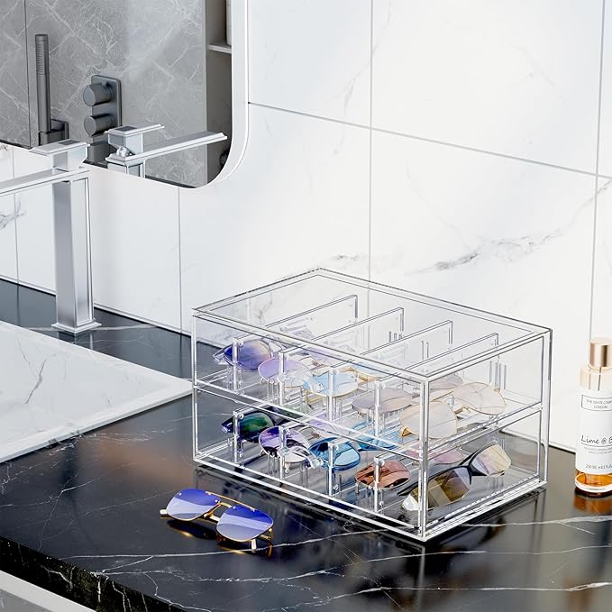 Clear Sunglass Storage Box with Drawer, Eyeglass Display Box Organizer with Removable Dividers for Multiple Pairs of Glasses - 1 Pack