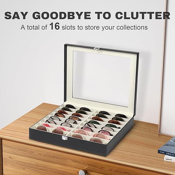 Sunglasses Organizer Case with 16 Adjustable Slots, Eyeglasses Display with Lid, Eyewear Storage Box for Large Glasses