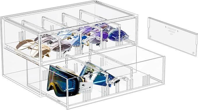 Clear Sunglass Storage Box with Drawer, Eyeglass Display Box Organizer with Removable Dividers for Multiple Pairs of Glasses - 1 Pack