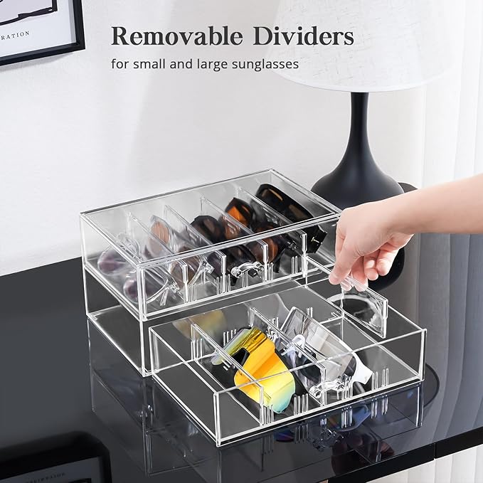 Clear Sunglass Storage Box with Drawer, Eyeglass Display Box Organizer with Removable Dividers for Multiple Pairs of Glasses - 1 Pack