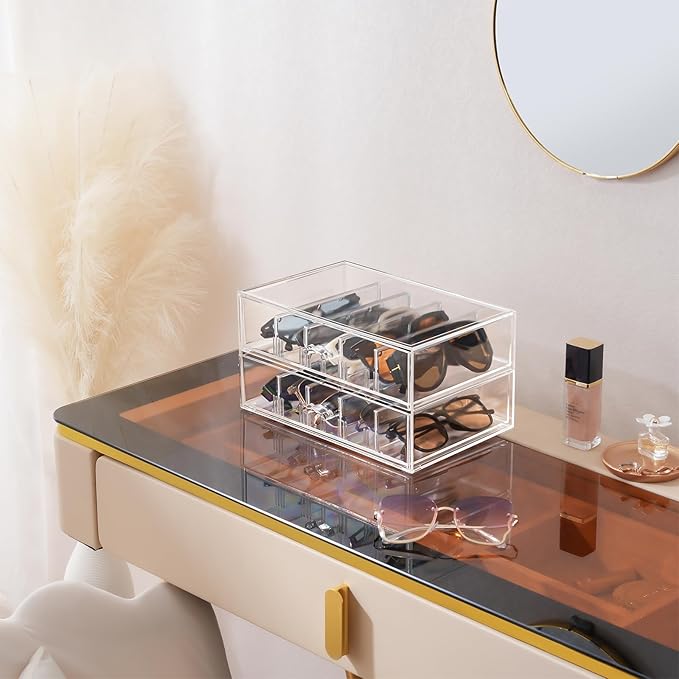 Clear Sunglass Storage Box with Drawer, Eyeglass Display Box Organizer with Removable Dividers for Multiple Pairs of Glasses - 1 Pack