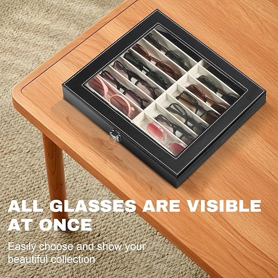 Sunglasses Organizer Case with 16 Adjustable Slots, Eyeglasses Display with Lid, Eyewear Storage Box for Large Glasses