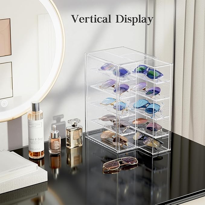 Clear Sunglass Storage Box with Drawer, Eyeglass Display Box Organizer with Removable Dividers for Multiple Pairs of Glasses - 1 Pack