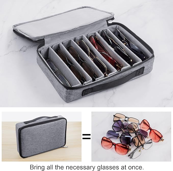 Travel Sunglasses Storage Box with Adjustable Slots to Hold Multiple Pairs of Glasses, Portable Eyeglass Storage Box for Men and Women