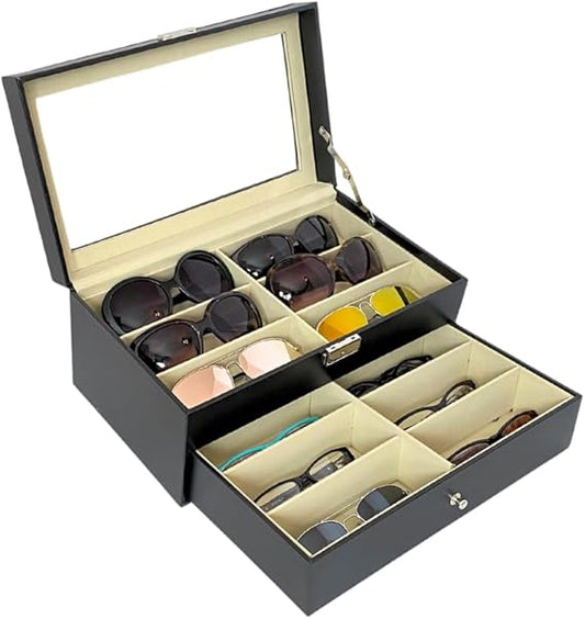 Eyeglass Case - Sunglass Organizer - 8 or 12 Slots - Non-Scratch Lined Tray - Faux Leather - Clear Acrylic Cover