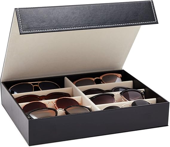 8-Slot Sunglass Organizer - Black Faux Leather Frames with Flap Lid - Display Case for Multiple Pairs of Eyeglasses (12.7x9.8 inches)