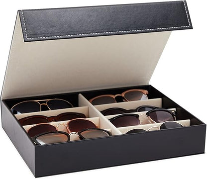 8-Slot Sunglass Organizer - Black Faux Leather Frames with Flap Lid - Display Case for Multiple Pairs of Eyeglasses (12.7x9.8 inches)