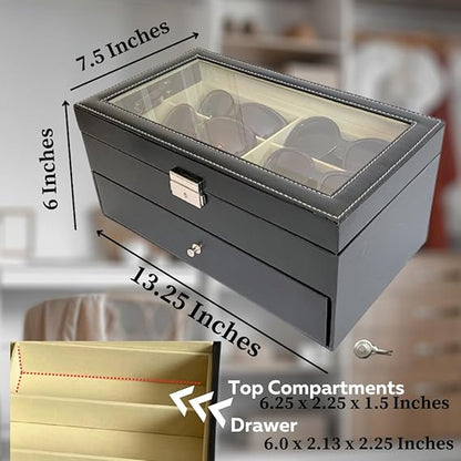 Eyeglass Case - Sunglass Organizer - 8 or 12 Slots - Non-Scratch Lined Tray - Faux Leather - Clear Acrylic Cover