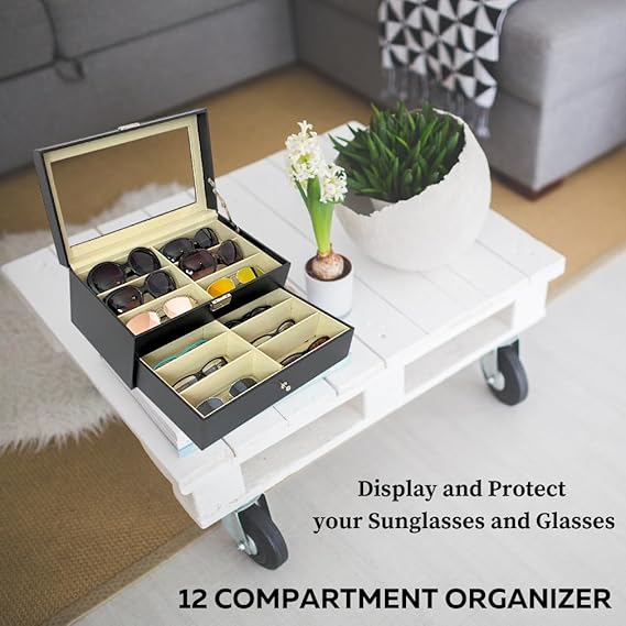 Eyeglass Case - Sunglass Organizer - 8 or 12 Slots - Non-Scratch Lined Tray - Faux Leather - Clear Acrylic Cover