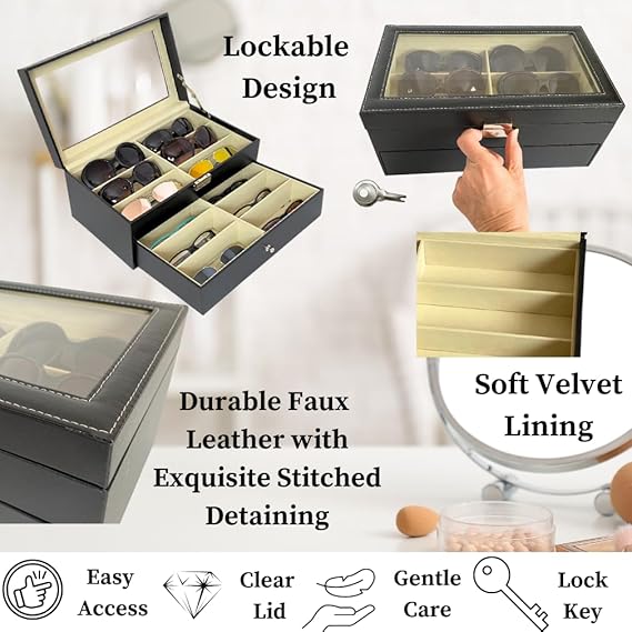 Eyeglass Case - Sunglass Organizer - 8 or 12 Slots - Non-Scratch Lined Tray - Faux Leather - Clear Acrylic Cover