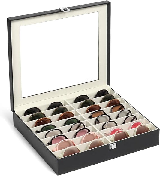 Sunglasses Organizer Case with 16 Adjustable Slots, Eyeglasses Display with Lid, Eyewear Storage Box for Large Glasses