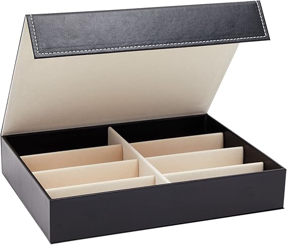 8-Slot Sunglass Organizer - Black Faux Leather Frames with Flap Lid - Display Case for Multiple Pairs of Eyeglasses (12.7x9.8 inches)