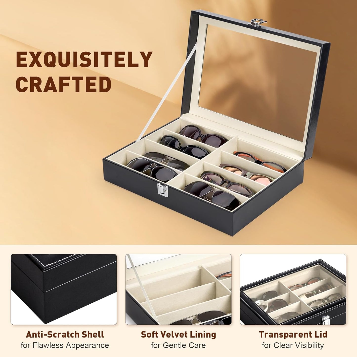 Leather multi-purpose sunglasses storage box, unisex, 8-grid glasses display box, jewelry watch storage box, sunglasses jewelry storage box, sunglasses glasses storage box