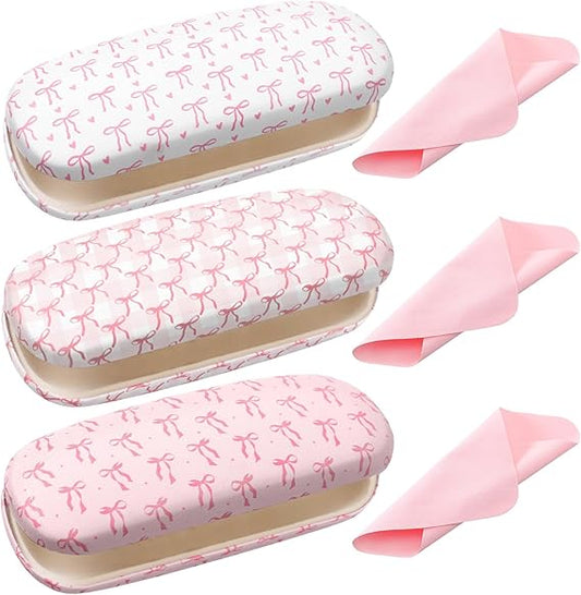 3 Pack Pink Bow Hard Shell Glasses Case with Cleaning Cloth Coquettish PU Leather box for Sunglasses Eye Glasses
