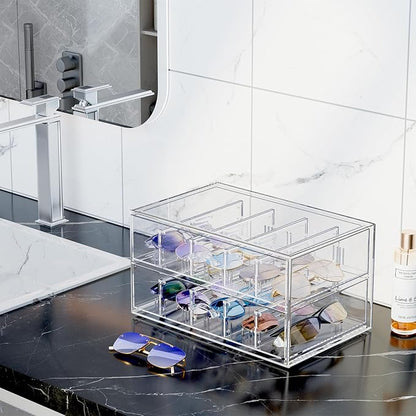Clear Sunglass Storage Box with Drawer, Eyeglass Display Box Organizer with Removable Dividers for Multiple Pairs of Glasses - 1 Pack