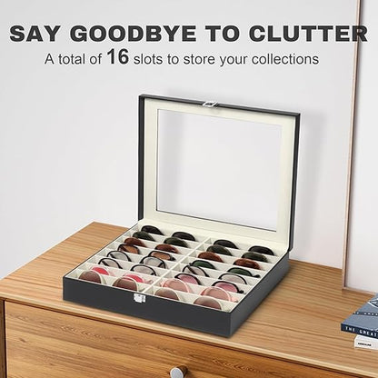 Sunglasses Organizer Case with 16 Adjustable Slots, Eyeglasses Display with Lid, Eyewear Storage Box for Large Glasses