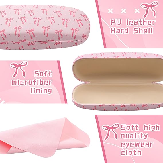 3 Pack Pink Bow Hard Shell Glasses Case with Cleaning Cloth Coquettish PU Leather box for Sunglasses Eye Glasses