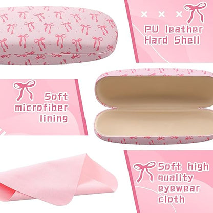 3 Pack Pink Bow Hard Shell Glasses Case with Cleaning Cloth Coquettish PU Leather box for Sunglasses Eye Glasses