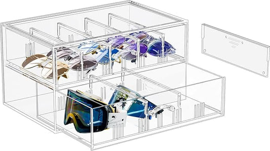 Clear Sunglass Storage Box with Drawer, Eyeglass Display Box Organizer with Removable Dividers for Multiple Pairs of Glasses - 1 Pack
