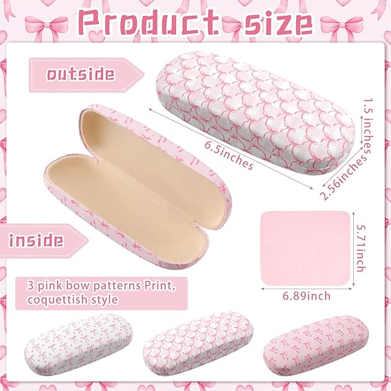 3 Pack Pink Bow Hard Shell Glasses Case with Cleaning Cloth Coquettish PU Leather box for Sunglasses Eye Glasses