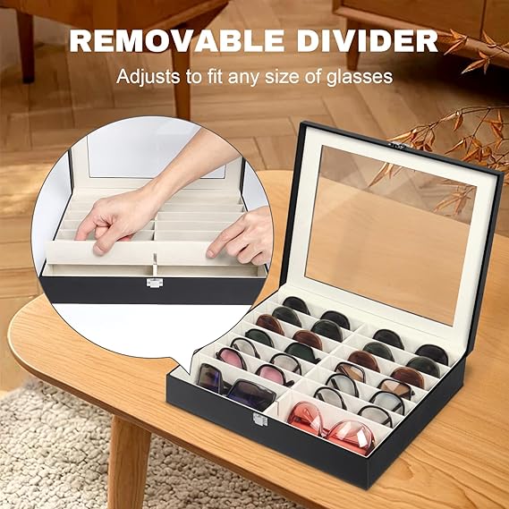 Sunglasses Organizer Case with 16 Adjustable Slots, Eyeglasses Display with Lid, Eyewear Storage Box for Large Glasses