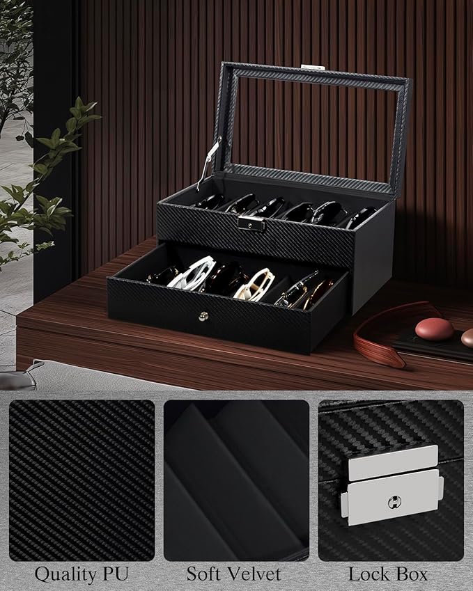 Double-layer Sunglass Storage Box, 12-slot Leather Sunglass Box, Multiple Pairs of Glasses Display Box, Suitable for Men and Women, Gift Idea (Black + Black)