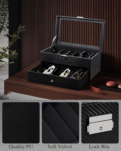 Double-layer Sunglass Storage Box, 12-slot Leather Sunglass Box, Multiple Pairs of Glasses Display Box, Suitable for Men and Women, Gift Idea (Black + Black)