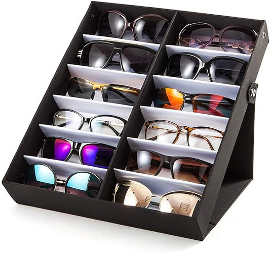 12-Slot Foldable Sunglasses Storage &amp; Display Case – Large Capacity Eyewear Organizer Box