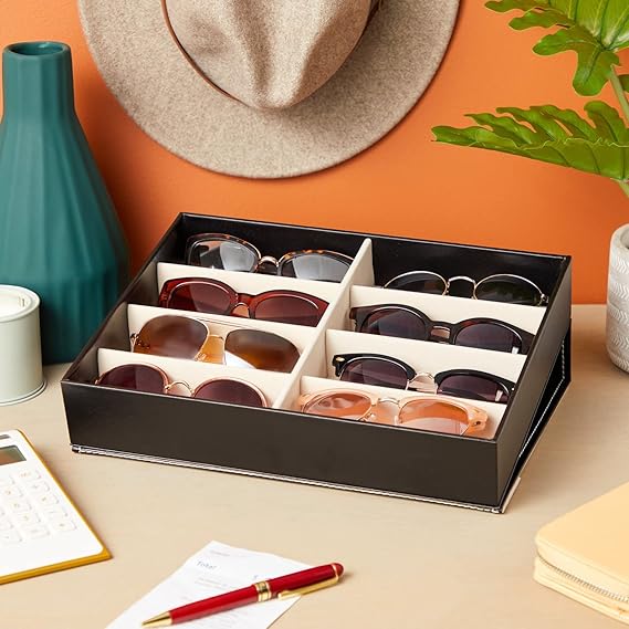 8-Slot Sunglass Organizer - Black Faux Leather Frames with Flap Lid - Display Case for Multiple Pairs of Eyeglasses (12.7x9.8 inches)