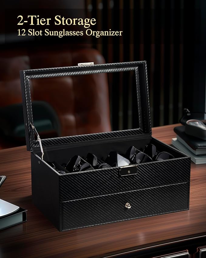 Double-layer Sunglass Storage Box, 12-slot Leather Sunglass Box, Multiple Pairs of Glasses Display Box, Suitable for Men and Women, Gift Idea (Black + Black)