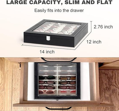 Sunglasses Organizer Case with 16 Adjustable Slots, Eyeglasses Display with Lid, Eyewear Storage Box for Large Glasses