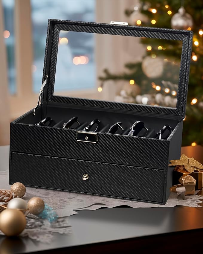 Double-layer Sunglass Storage Box, 12-slot Leather Sunglass Box, Multiple Pairs of Glasses Display Box, Suitable for Men and Women, Gift Idea (Black + Black)