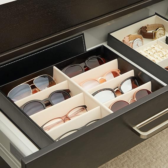 8-Slot Sunglass Organizer - Black Faux Leather Frames with Flap Lid - Display Case for Multiple Pairs of Eyeglasses (12.7x9.8 inches)