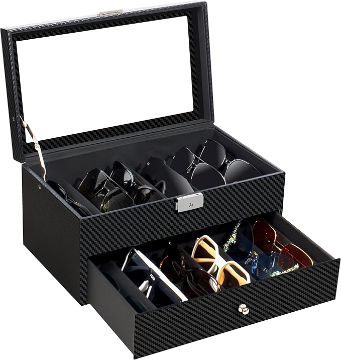Double-layer Sunglass Storage Box, 12-slot Leather Sunglass Box, Multiple Pairs of Glasses Display Box, Suitable for Men and Women, Gift Idea (Black + Black)