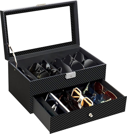 Double-layer Sunglass Storage Box, 12-slot Leather Sunglass Box, Multiple Pairs of Glasses Display Box, Suitable for Men and Women, Gift Idea (Black + Black)