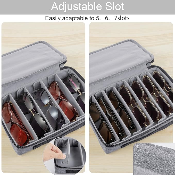 Travel Sunglasses Storage Box with Adjustable Slots to Hold Multiple Pairs of Glasses, Portable Eyeglass Storage Box for Men and Women