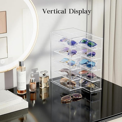 Clear Sunglass Storage Box with Drawer, Eyeglass Display Box Organizer with Removable Dividers for Multiple Pairs of Glasses - 1 Pack