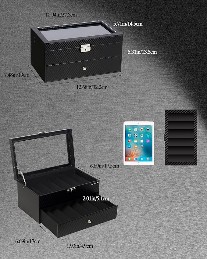 Double-layer Sunglass Storage Box, 12-slot Leather Sunglass Box, Multiple Pairs of Glasses Display Box, Suitable for Men and Women, Gift Idea (Black + Black)