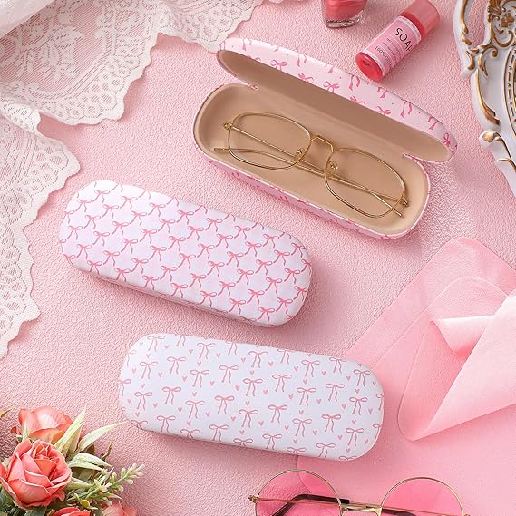 3 Pack Pink Bow Hard Shell Glasses Case with Cleaning Cloth Coquettish PU Leather box for Sunglasses Eye Glasses