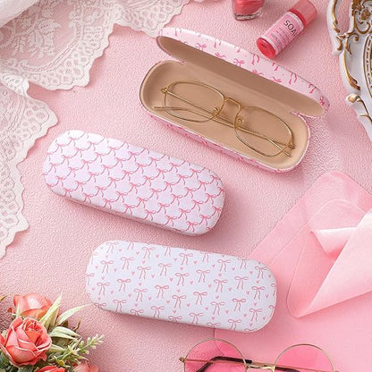 3 Pack Pink Bow Hard Shell Glasses Case with Cleaning Cloth Coquettish PU Leather box for Sunglasses Eye Glasses