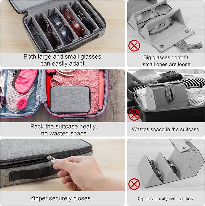 Travel Sunglasses Storage Box with Adjustable Slots to Hold Multiple Pairs of Glasses, Portable Eyeglass Storage Box for Men and Women